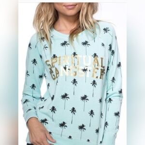 Spiritual Gangster Greenish Blue Crewneck Sweater Shirtwith Tropical Print Small